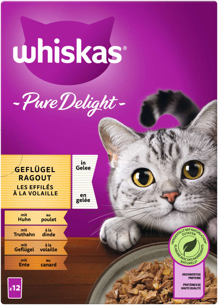 whiskas Katzen-Nassfutter PURE DELIGHT Portionsbeutel Multipack Geflügel Ragout in Gelee 12 x 85g